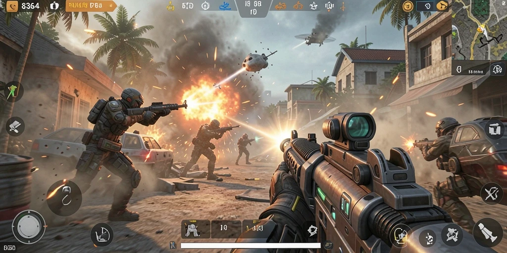 Screenshot menampilkan aksi intens dalam game FPS 8364.