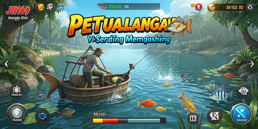 Screenshot dari gameplay JIN69 yang menunjukkan aksi memancing di danau indah.
