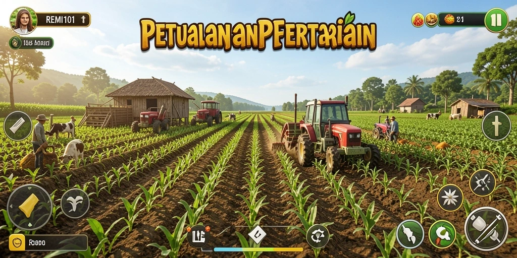 Screenshot dari gameplay REMI101 yang menampilkan pertanian yang indah.