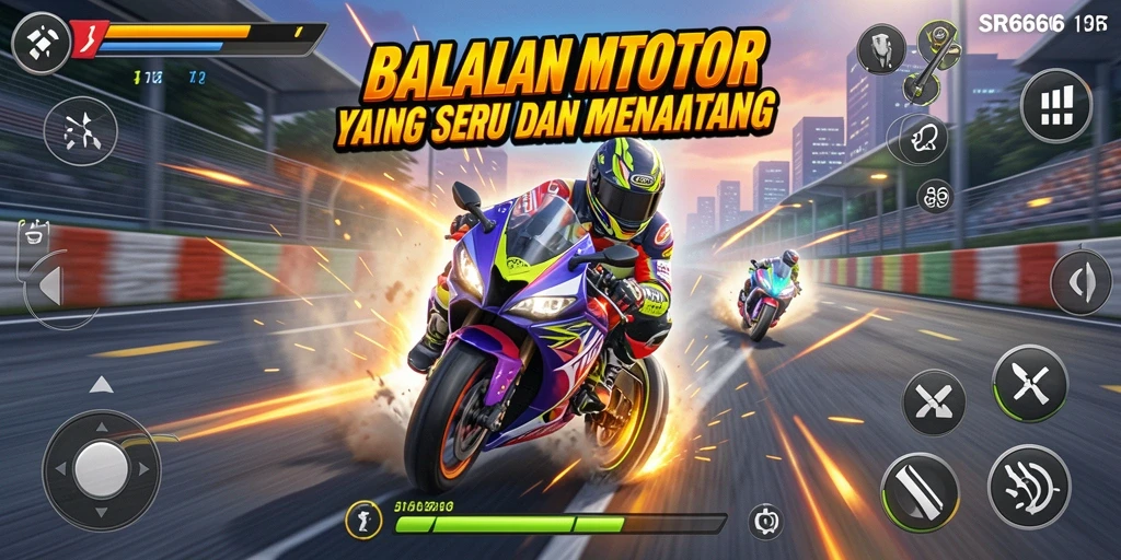 Screenshot gameplay dengan tampilan balapan motor yang dramatis.