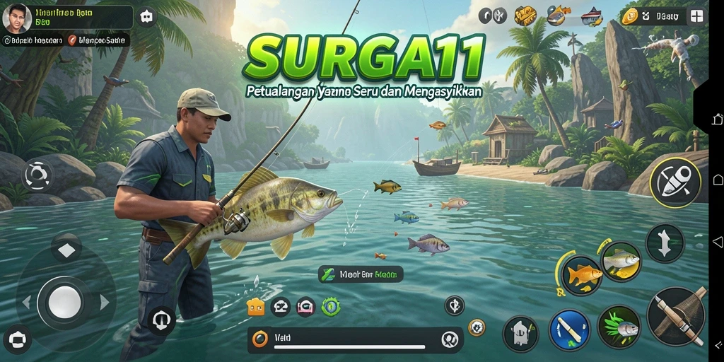 Menampilkan aksi seru memancing ikan di laut yang indah.